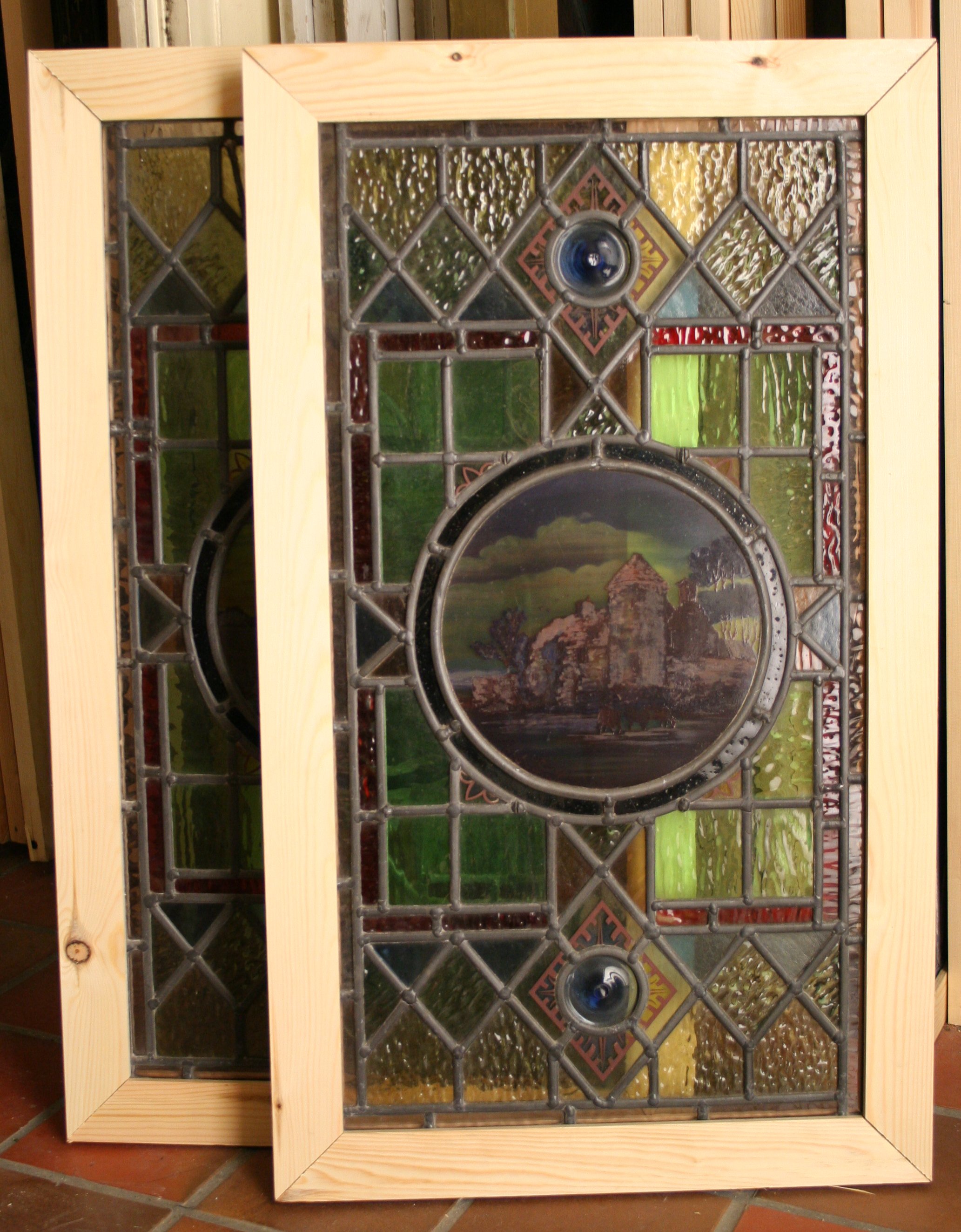 Ref Ed276 2 Edwardian Stained Glass Windows Edwardian Country Scenes Set A Tomkinson