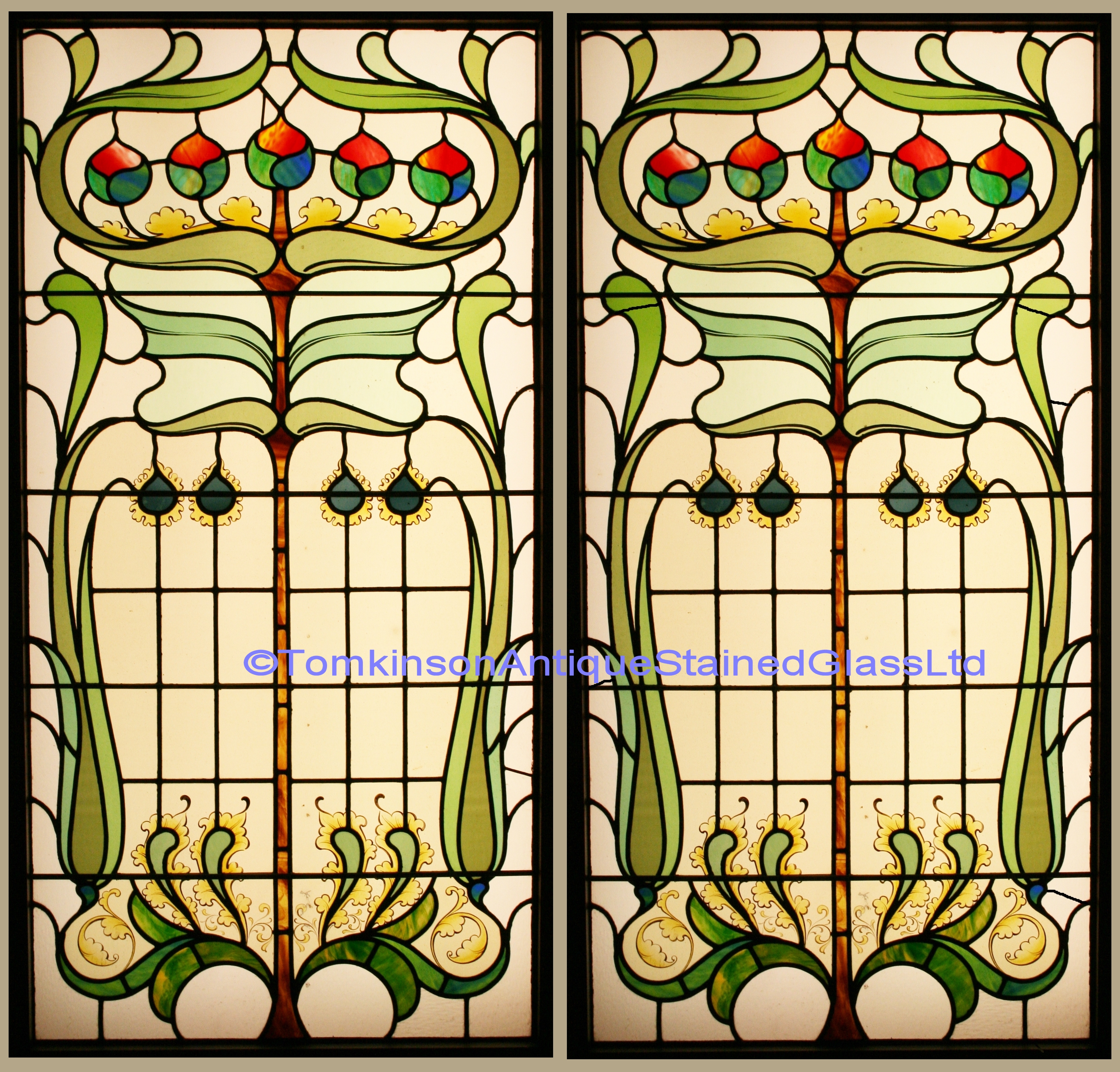 Ref: Ed331 - 2 Edwardian Stained Glass Windows - Art Nouveau