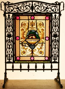 Victorian Brass Fire Screen with Stained Glass