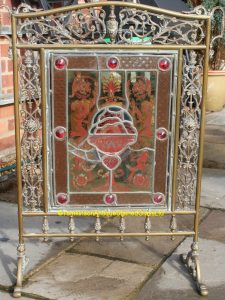 Victorian Brass Fire Screen with Stained Glass