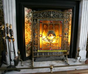 Victorian Brass Fire Screen with Stained Glass